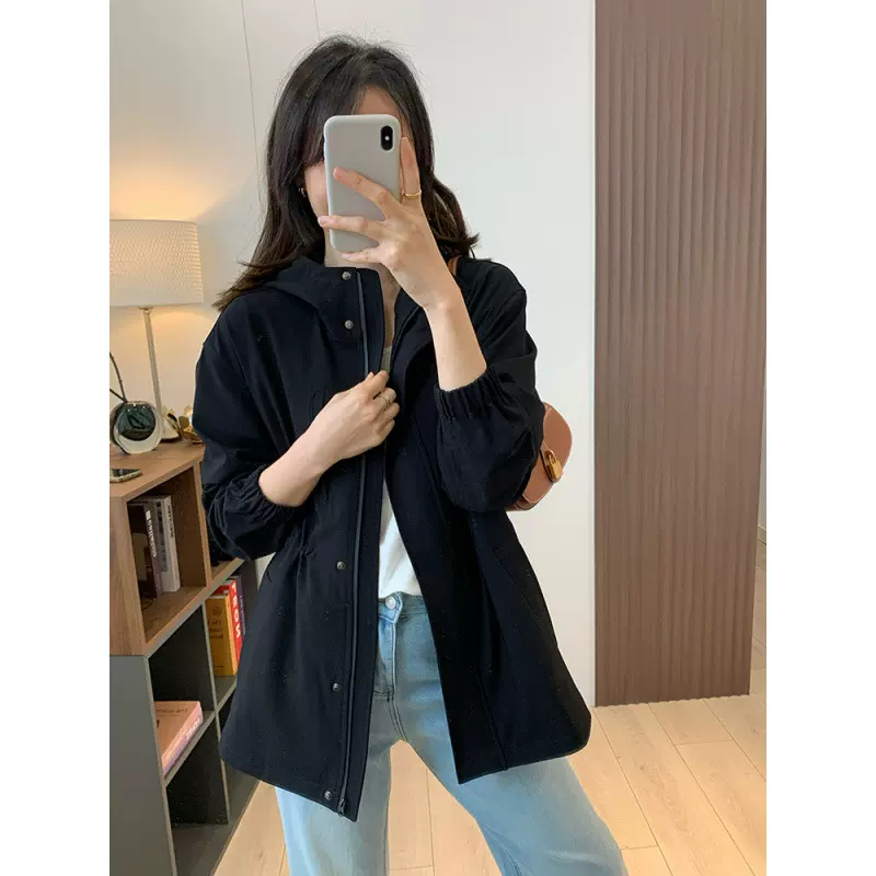 h家黑色露珠风衣 高端真丝羊毛连帽休闲夹克收腰工装外套女春季韩