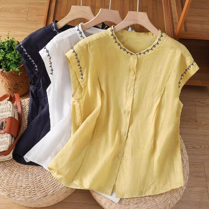 Summer New Style Unique Literary Retro Sleeveless Camisole Women's Outer Wear Embroidered Vest Cotton and Linen Temperament Shirt