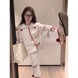 韩版轻奢风设计感印花保暖针织半边绒睡衣女秋冬季情侣家居服套装