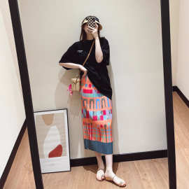 太美的撞色！25春夏新 几何印花设计感褶皱半裙 直筒开衩半身裙