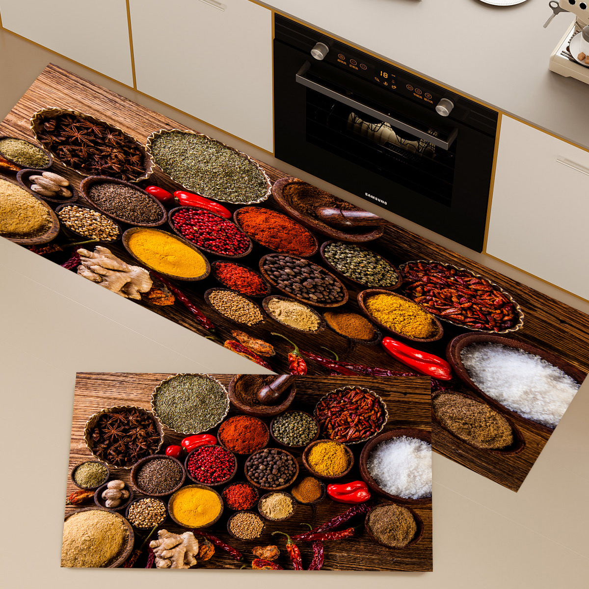 Botella de condimentos transfronterizos alfombra de suelo de cocina absorción de agua absorción de aceite alfombra especial antideslizante resistente a la suciedad fácil de cuidar ingredientes alfombra larga image 19