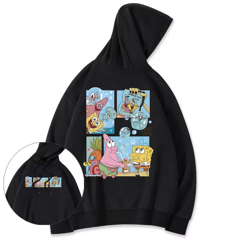 Loose-Fitting Spongebob Hooded Sweatshirt with Fleece, Trendy Autumn Style, Japanese Youth Fashion for Men