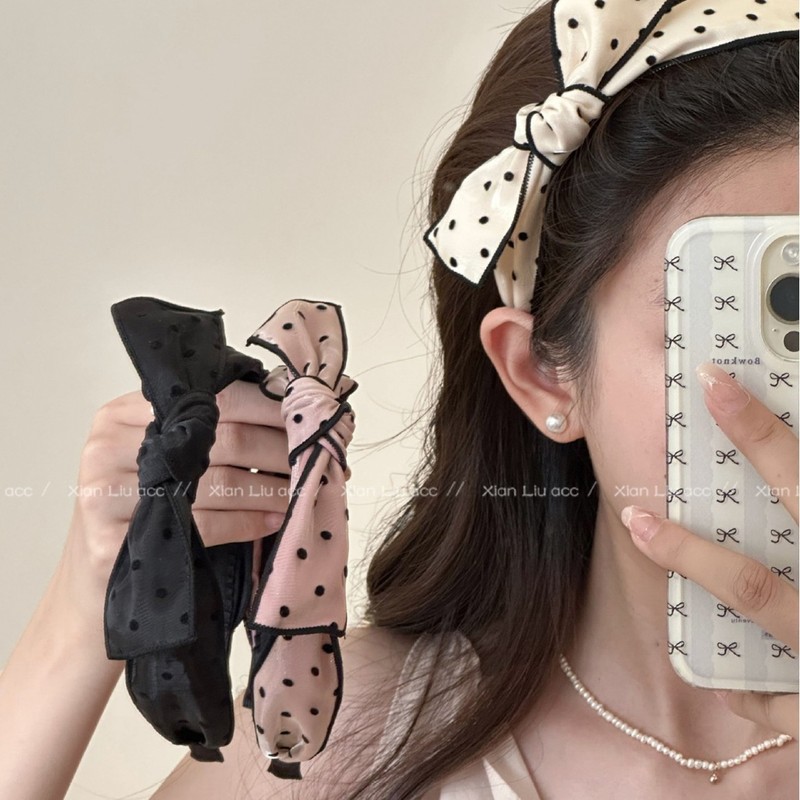 韩系小清新布艺波点蝴蝶结发箍女2025新款高级感显白气质压发头箍|undefined