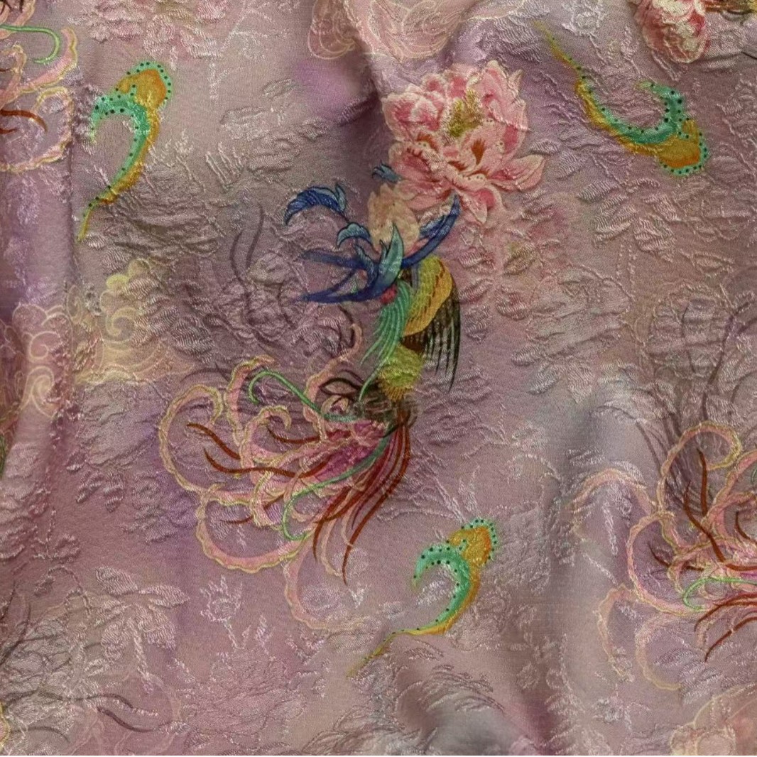 新款仿人丝提花花萝印花新中式面料 国风泡泡汉服童装女装贴肤布