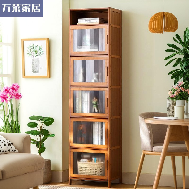 Dust-Proof Solid Wood Bookcase with Door, Modern Simple Combination Vertical Cabinet, Narrow Cabinet, Floor-Standing Storage, Grid Bookshelf Wholesale