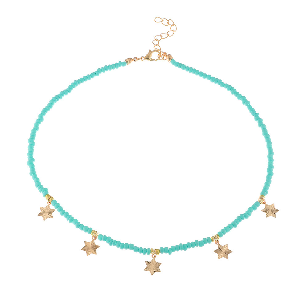 Retro Small Fresh Color Rice Bead Necklace Simple Five-pointed Star Moon Necklace display picture 5