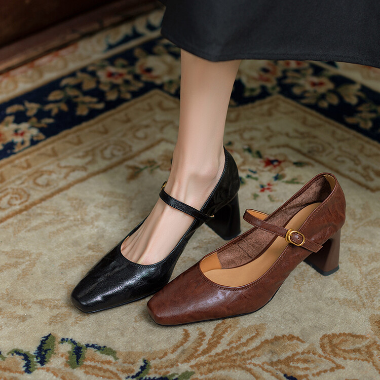 Soft Sheepskin ~ Thick Heel Flats for Women, French Genuine Leather High Heels, One-Line Buckle Straps, Medium Heel Mary Jane Shoes, Shallow Mouth Flats