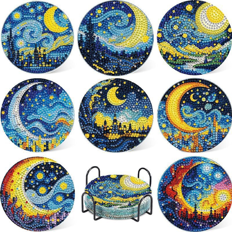 Ventas transfronterizas calientes de 8 piezas de conjunto de cojín de taza de arte de diamante, con soporte, pequeño conjunto de pintura de diamante, adecuado para adultos