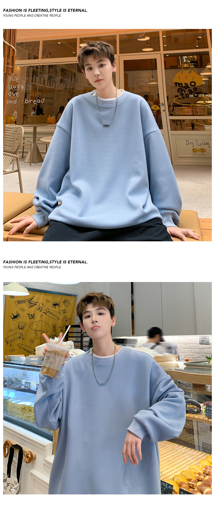 Men's Two-piece Spliced Blue Pullover Hoodie Loose Fit Pullover_voghion.com
