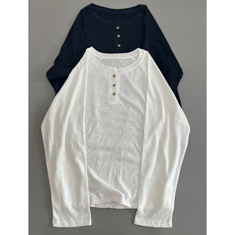 Loose Casual Versatile Round Neck Long Sleeve T-Shirt with Hemp Feel Cotton Frayed Placket Button for Women, New Spring and Autumn Style