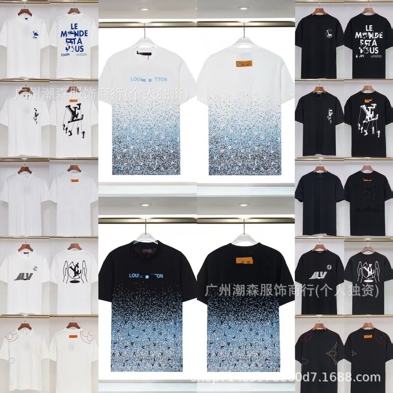 现货跨境奢潮驴家高品质L满印字母短袖外贸经典款圆领男女宽松T恤|undefined