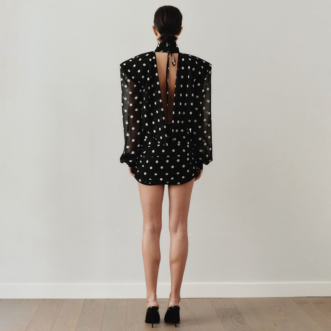 Winter Fashion High Neck Polka Dot Short Dress for Women Exposed Back Design New Arrival_ecoleips.com