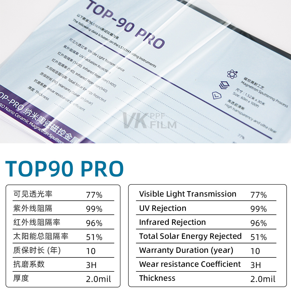 VK in-stock direct delivery TOP‑PRO magnetron sputtering metal car film with nano-ceramic technology, scratch-resistant solar film