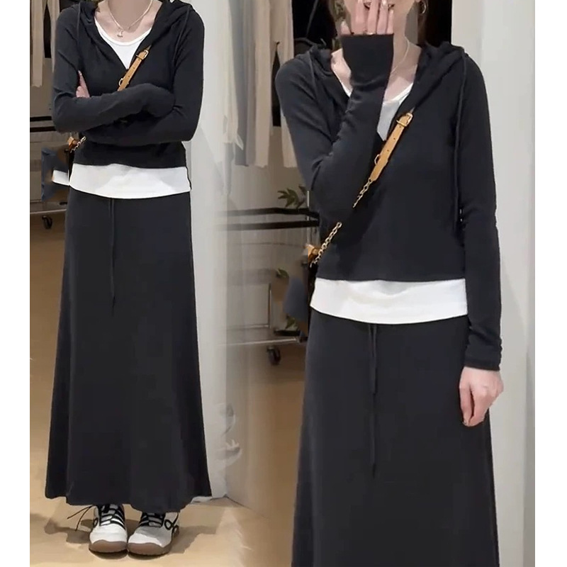 时尚休闲套装裙女2025秋季新款洋减龄假两件连帽卫衣半身裙两件套|undefined