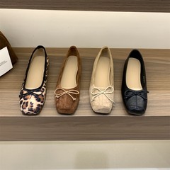 平底法式绒面豹纹单鞋女鞋子2025春秋季方头蝴蝶结芭蕾舞鞋晚晚鞋