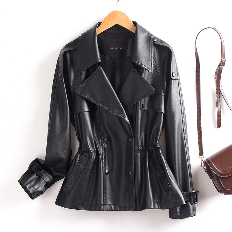 Haining Leather Jacket Women's 25 New Spring & Fall Fashion Korean Style Women's Leather Jacket Waist Casual Lapel Leather Jacket 509