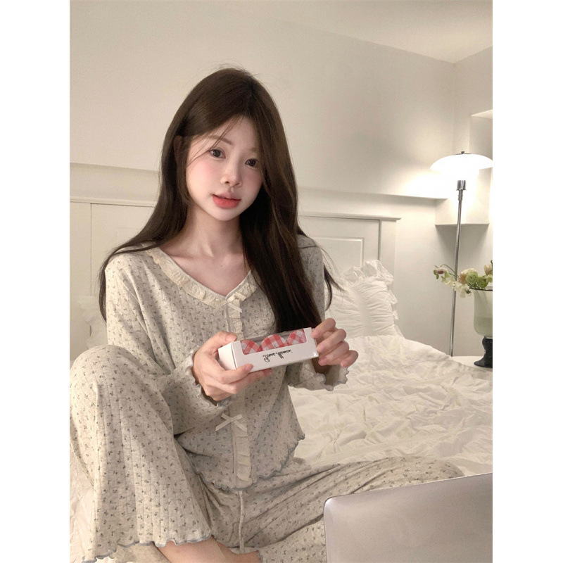 韩国ins女士春秋新品韩系甜美小碎花花边V领卷边家居服睡衣套装女|undefined