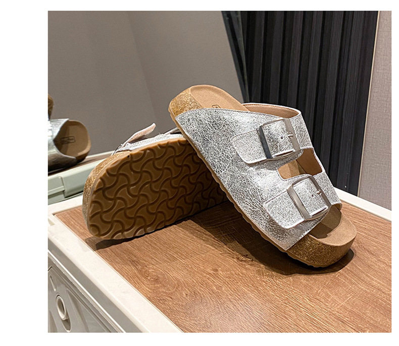 Dép sandal nữ quai ngang khóa cài cổ điển đế dày, mũi vuông, đi ngoài — Màu bạc, Màu mơ chi tiết 25