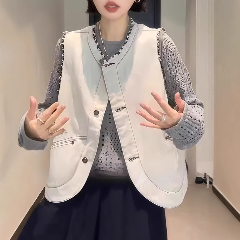 European heavy industry reverse-made rough edge crew neck waistcoat women's spring and summer plus size slightly fat mm loose outer shawl top