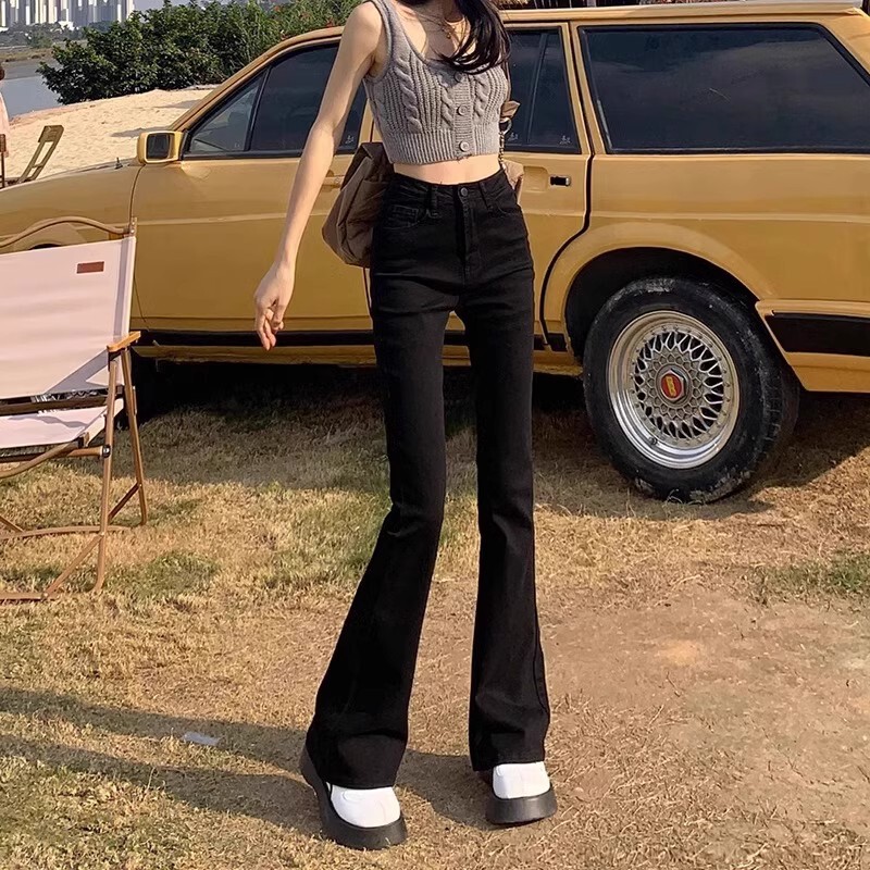 Black High Waist Slimming Micro-flare Jeans Women's Spring and Autumn 2024 New Stretch Little Nine-point Horseshoe Pants