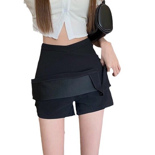 Large size fat MM niche design black casual high waist slimming A-line short pants skirt small split bag hip pants women