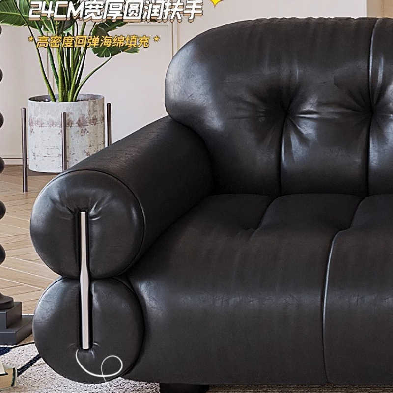 法式沙发黑糖云朵沙发中古风沙发客厅复古大黑牛头层牛皮直排沙发|undefined