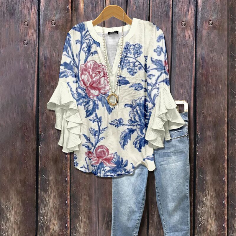 3D 新製品クロスボーダークリエイティブ花要素プリントデジタルプリントカジュアルトレンド V ネックフリル Tシャツ婦人服|undefined