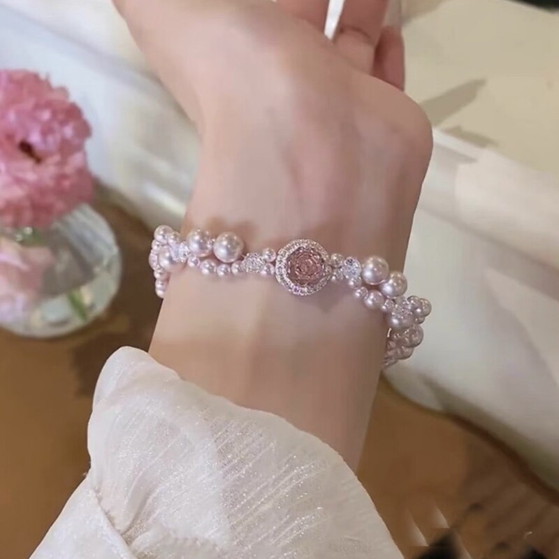 Copper Micro-Paved Zircon Pearl Bracelet French Style Sparkling Micro-Paved Pink Rose Bracelet Sweet and Fashionable Temperament High Appearance