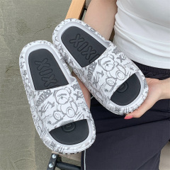 Chic Personality Graffiti Bear Thick-Heeled Slippers for Women, Casual Street Style Summer Squishy Sensation Anti-Slip Cool Slippers