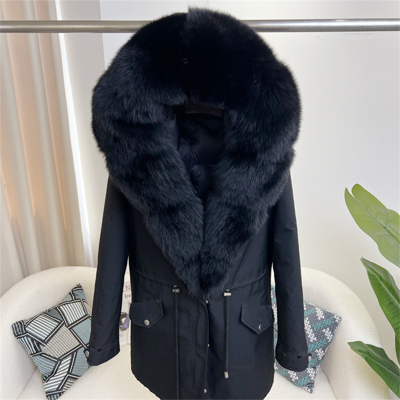 Damenbekleidung Abnehmbarer Parka aus Fuchspelz Mittellanger Kapuzenmantel_voghion.com
