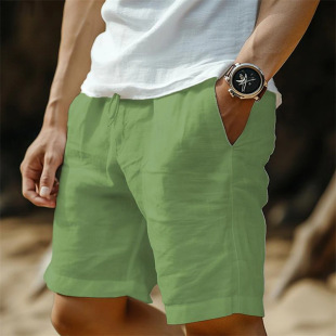 Men's cotton and linen summer pocket drawstring elastic waist solid color comfortable breathable casual daily shorts