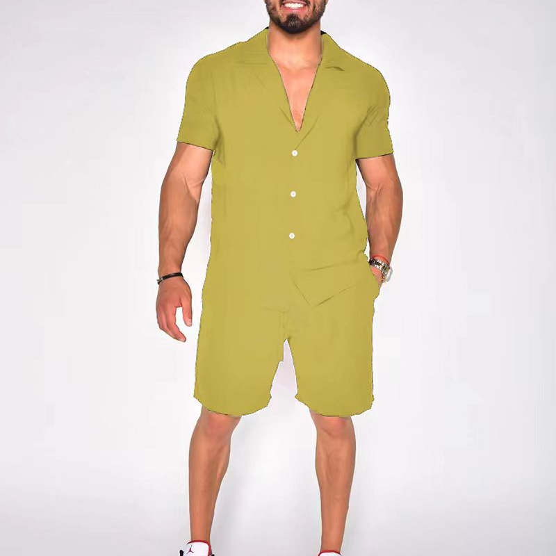 2023 Amazon eBay Venta caliente Hawaii hombres de verano solapa algodón lino color sólido manga corta pantalones cortos traje
