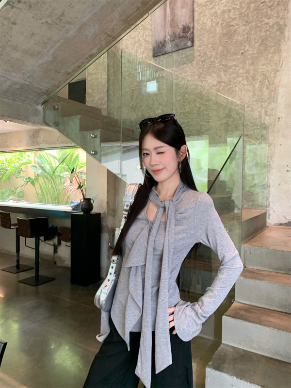灰色荷叶边飘带圆领T恤针织衫女秋季新款不规则修身长袖打底上衣|undefined