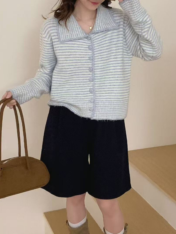 跨境复古条纹翻领毛衣女韩系休闲宽松秋冬新款拼色针织开衫上衣|undefined