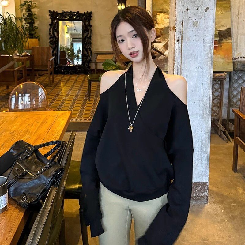 纯欲风韩系灰色挂脖V领露肩卫衣女装早秋新款宽松百搭设计感上衣|undefined