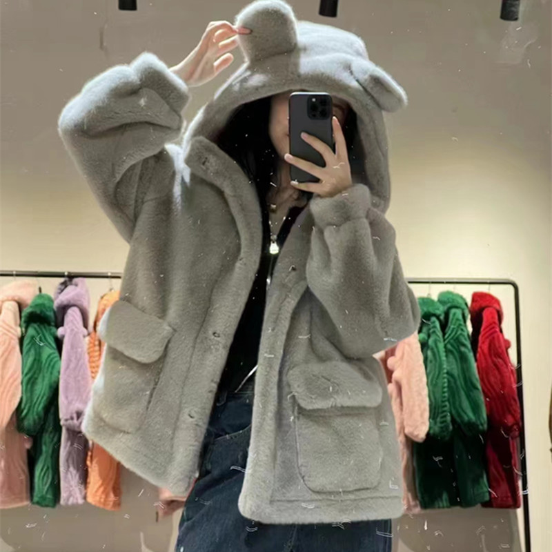 Women's Clothing Autumn and winter new Haining fur coat mid length mink velvet coat for women with hood cute ears loose warm_voghion.com