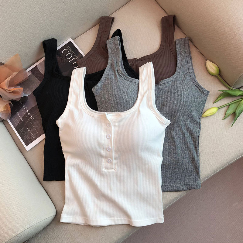 Solid Color Versatile Buttoned Wide-Shoulder Camisole for Women with Built-In Chest Pads, Sleeveless Top for Outerwear or Layering with a Beautiful Back Design Solid Color Versatile Buttoned Wide-Shoulder Camisole for Women with Built-In Chest Pads, Sleeveless Top for Outerwear or Layering with a Beautiful Back Design
