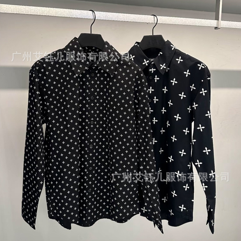 SMFK Black Garden Wide Cotton Yarn Shirt CP003BG Cross Flower Full Print Long Sleeve Shirt Jacket Unisex