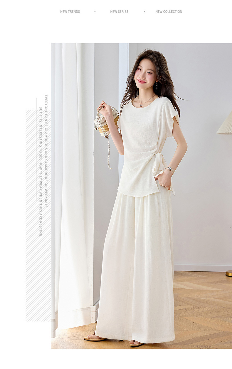 Bộ áo thun cổ tròn nơ buộc kết hợp quần ống rộng nữ 2 món — xanh lam, màu kaki, màu trắng ngà chi tiết 12