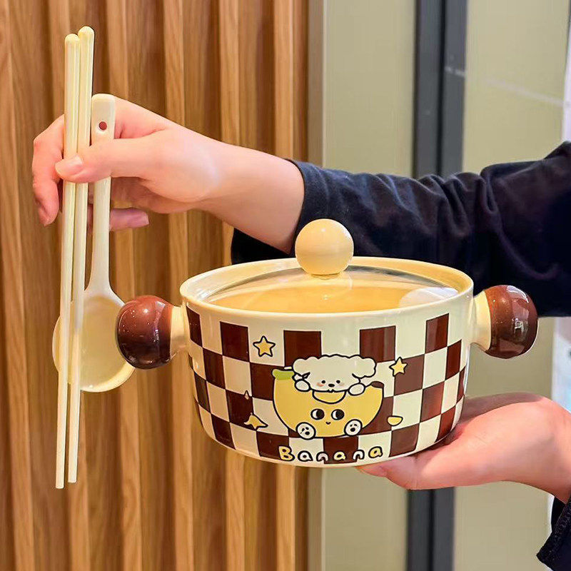 Banana puppy-eating secretly (with lid) + exclusive spoon + ceramic chopsticks