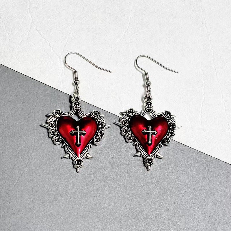 Red love subculture Gothic thorn earrings niche exaggerated personality European and American design sense pendant earrings