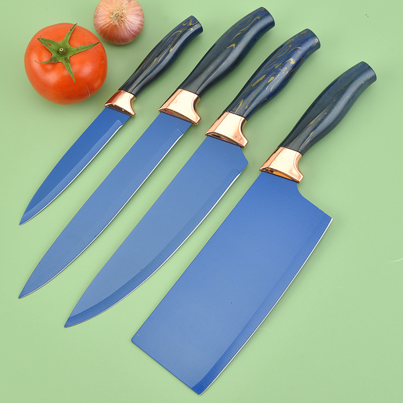 Lugar de fábrica al por mayor color dorado juego de cocina de seis piezas de acero inoxidable caja de regalo de color cuchillo de embalaje cuchillo de juego