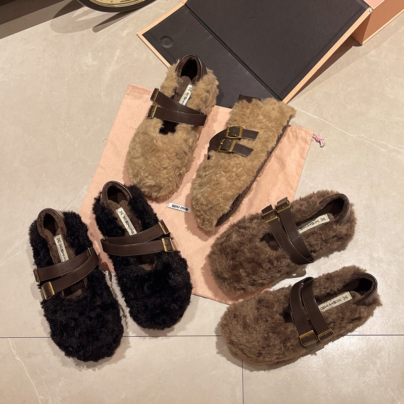 时尚个性皮带搭扣浅口单鞋女秋冬季新款一脚蹬百搭轻便软底毛毛鞋|undefined