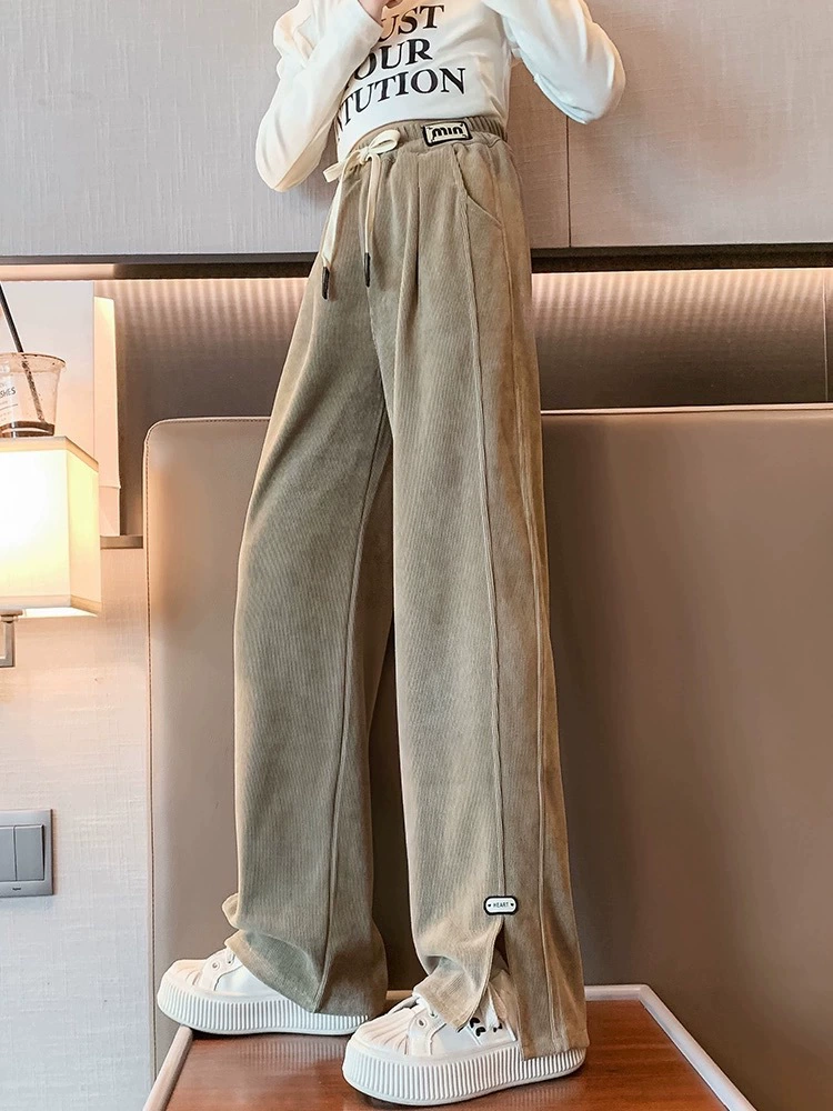 Брюки для девочек весна и осень 2024 новые детские прямые брюки повседневные брюки женские большие дети свободные вельветовые широкие брюки