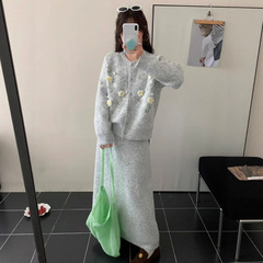 韩国chic秋季针织套装立体刺绣花朵毛衣外套女+高腰针织半身裙子