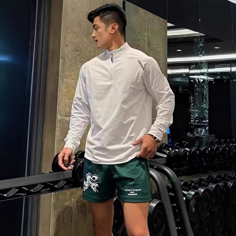 Fitness Long Sleeve Men's Loose Elastic Half Zipper Sports T-shirt American Running Spring and Autumn Basketball Training Riding Suit