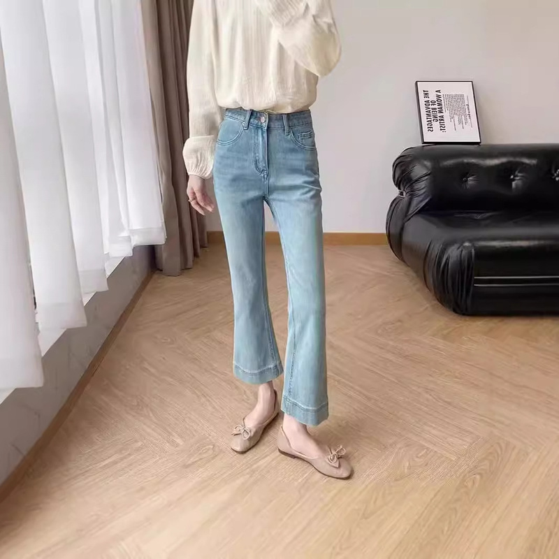 light blue Four-sided Elastic Thin Micro-blare Jeans Women's Summer plus size Fat Sister mm Ice Silk Small Straight Pants