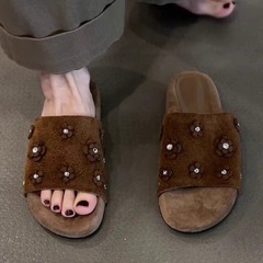 シープスキンバージョン〜フレンチレトロスタイルのファッショナブルなスクエアトゥラインストーンフラワーローヒール多用途エレガントなアウタースリッパ