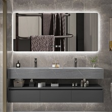 智能镜岩板一体盆浴室柜组合双层挂墙式轻奢实木洗脸无缝陶瓷盆柜