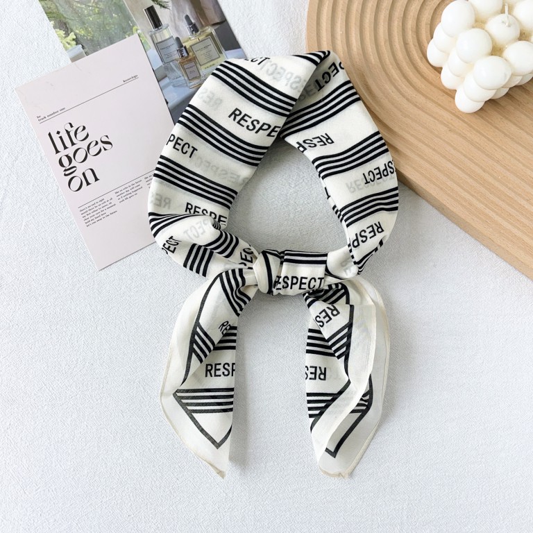 Bufanda cuadrada pequeña con sentido de la atmósfera coreana de "seda", blanco y negro, temperamento de alta gama, bufanda de seda decorativa simple y de moda, bufanda de mujer